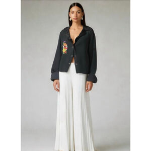 Talbots Cardigan Size‎ Lg Black Floral Embroidery Ruffled Collar Office Corpgore